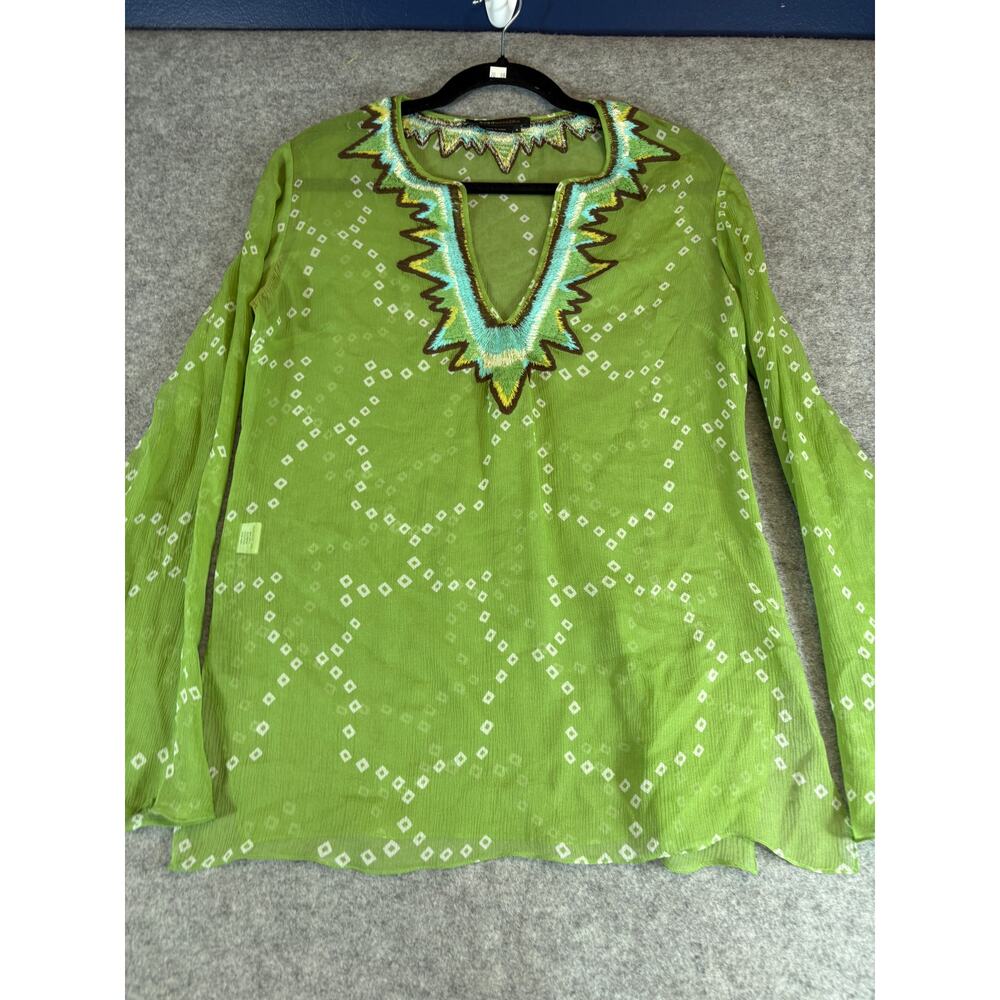 BCBGMAXAZRIA Tunic Top Womens Small Green Bell Sleeve Silk V-Neck Geometric Boho